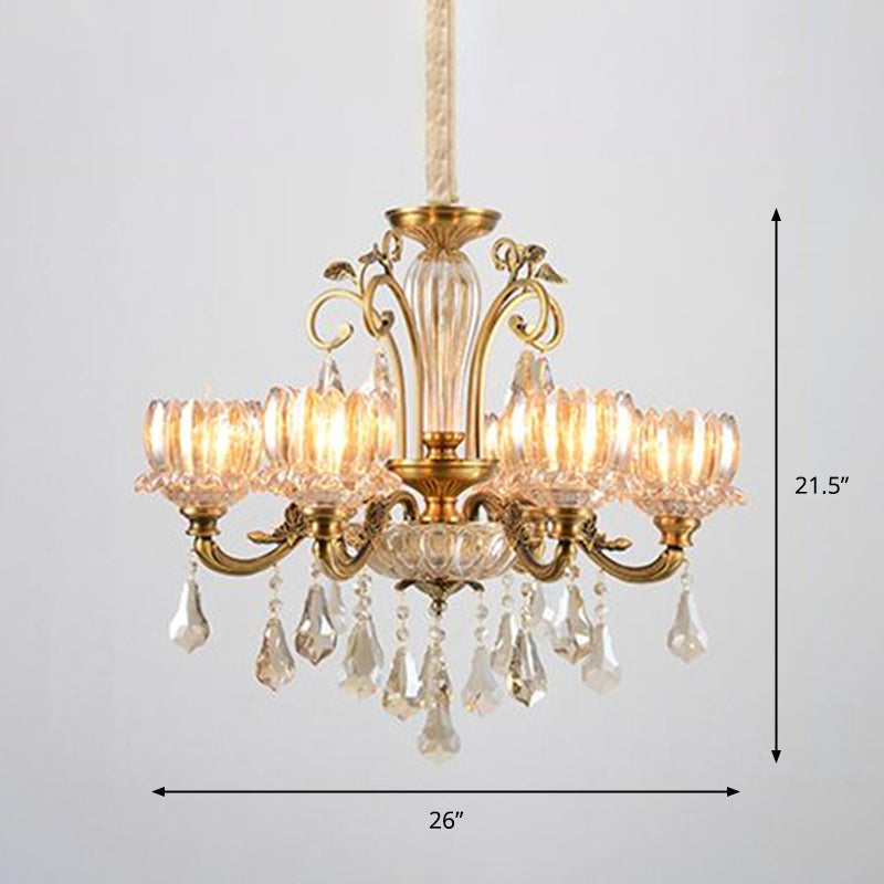 Carved Crystal Hanging Light Antique Gold Finish Lotus Dining Room Ceiling Chandelier