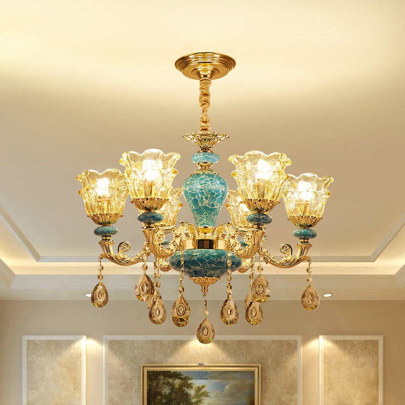 2-Layered Flower Chandelier Vintage Gold Finish Clear Glass Hanging Ceiling Light
