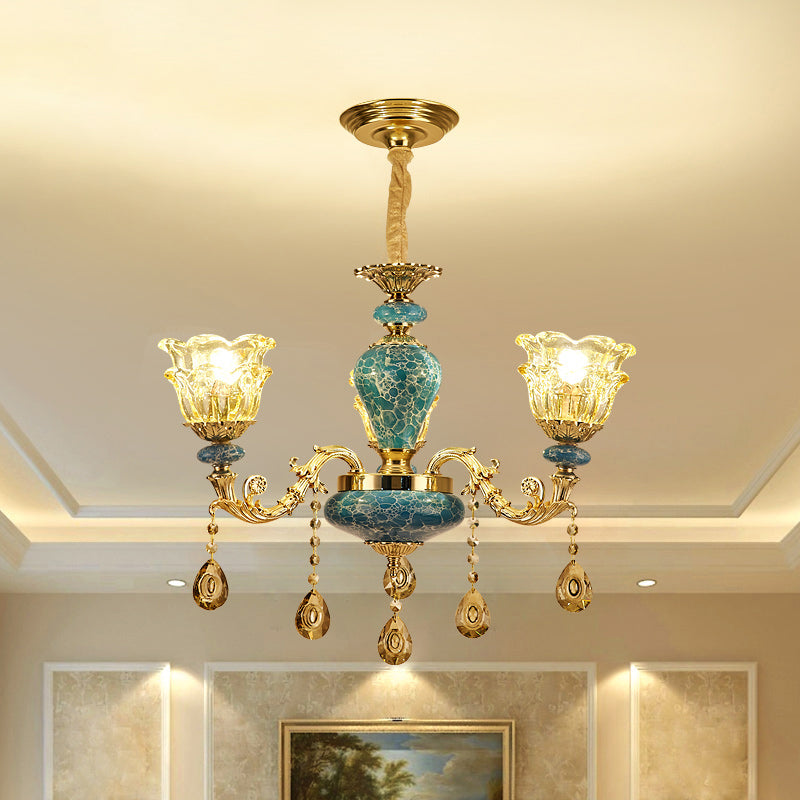 2-Layered Flower Chandelier Vintage Gold Finish Clear Glass Hanging Ceiling Light