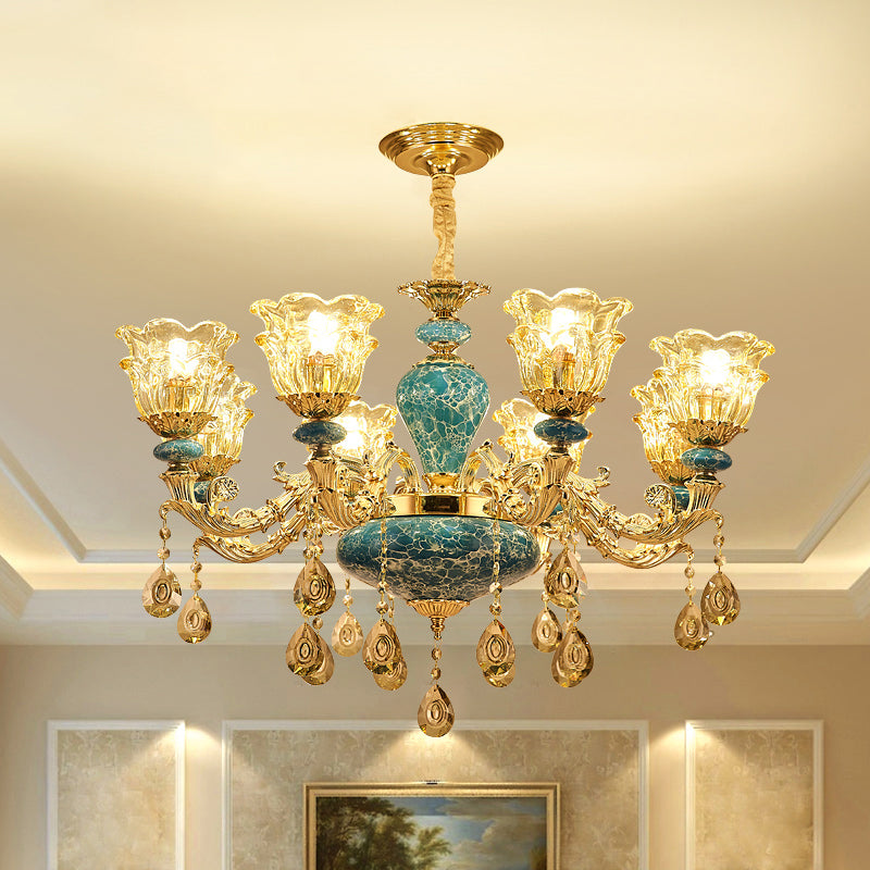 2-Layered Flower Chandelier Vintage Gold Finish Clear Glass Hanging Ceiling Light