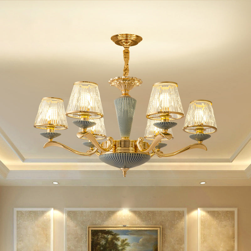 Clear Ribbed Glass Chandelier Lighting Antique Gold Conic Bedroom Ceiling Pendant Lamp