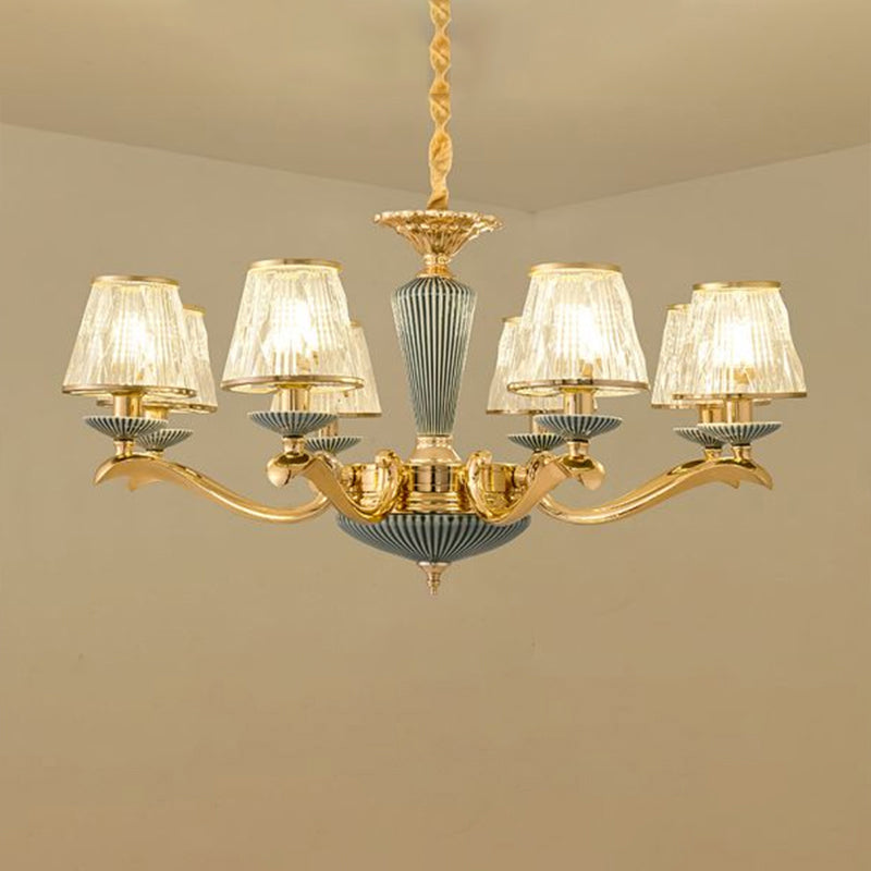 Clear Ribbed Glass Chandelier Lighting Antique Gold Conic Bedroom Ceiling Pendant Lamp