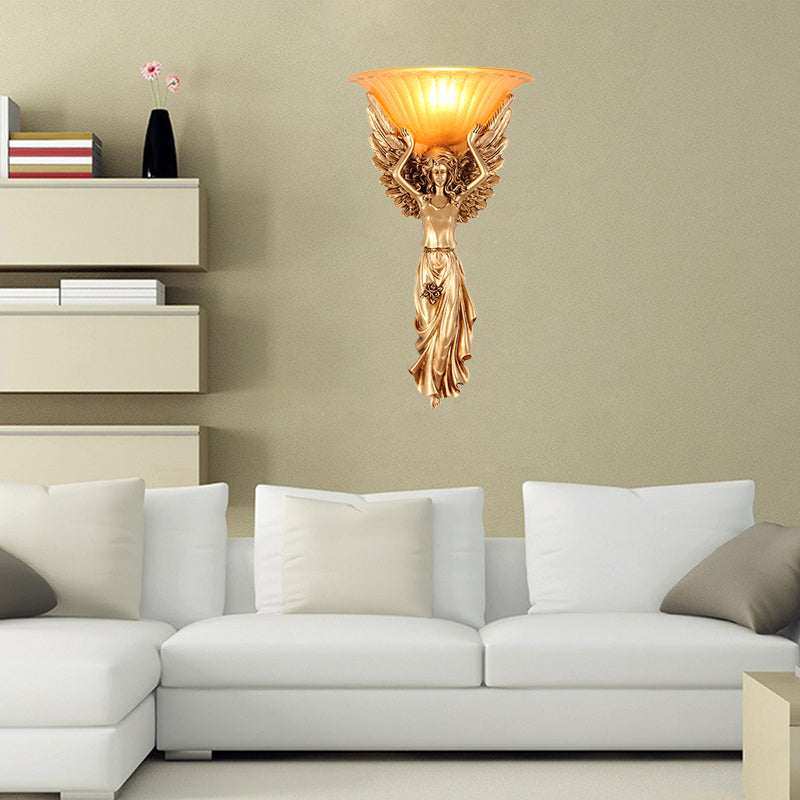 1 Light Wall Lamp Vintage Flared Ribbed Glass Sconce Light with Gold/White Angel Base
