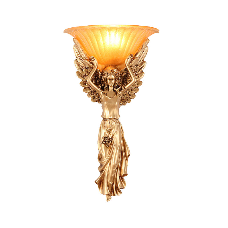 1 Light Wall Lamp Vintage Flared Ribbed Glass Sconce Light with Gold/White Angel Base
