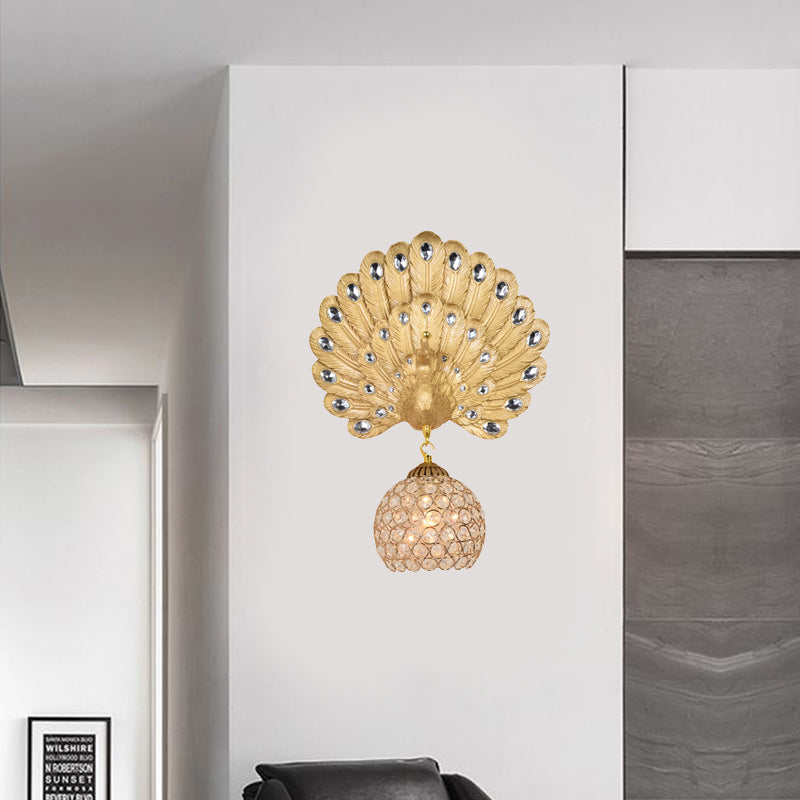 Gold Peacock Mur mural Light Vintage Resin 1 Light Living Room Appince Light avec dôme d'ombre, 8 "/ 14" de large