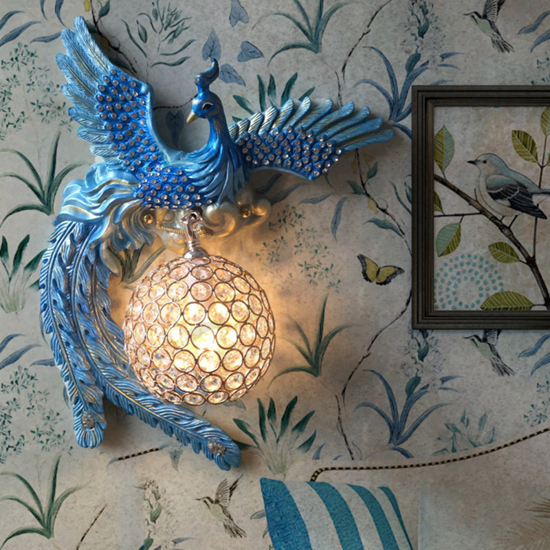 Orb Metal and Crystal Wall Lamp Antique 1 Light Living Room Sconce Light with White/Gold/Blue Phoenix toward Right/Left