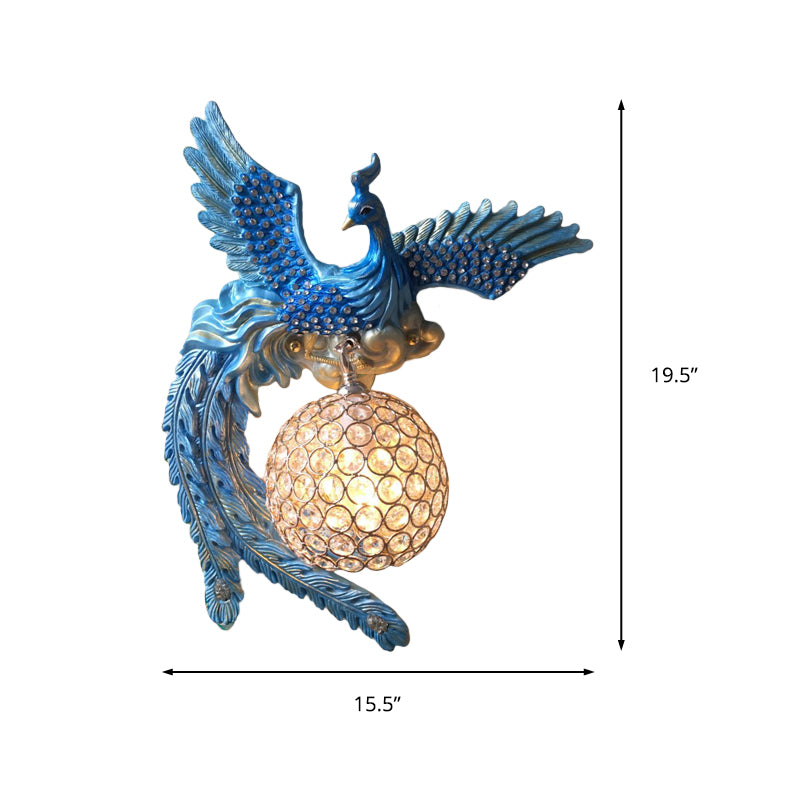 Orb Metal and Crystal Wall Lamp Antique 1 Light Living Room Sconce Light with White/Gold/Blue Phoenix toward Right/Left