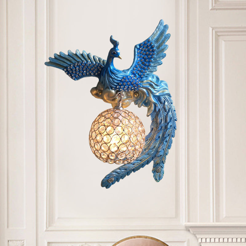 Orb Metal and Crystal Wall Lamp Antique 1 Light Living Room Sconce Light with White/Gold/Blue Phoenix toward Right/Left