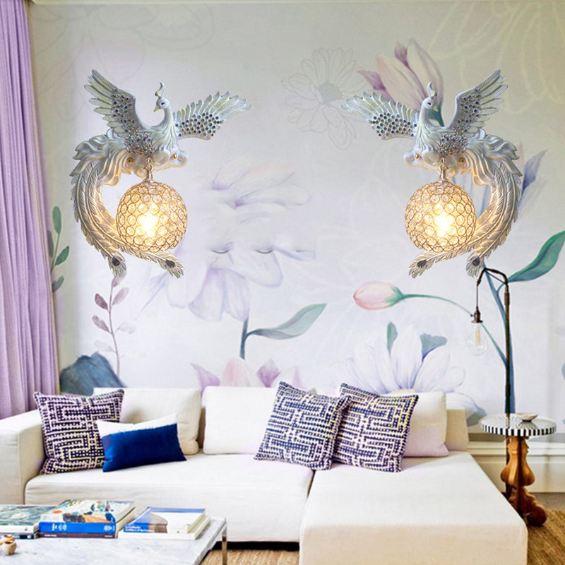 Orb Metal and Crystal Wall Lamp Antique 1 Light Living Room Sconce Light with White/Gold/Blue Phoenix toward Right/Left