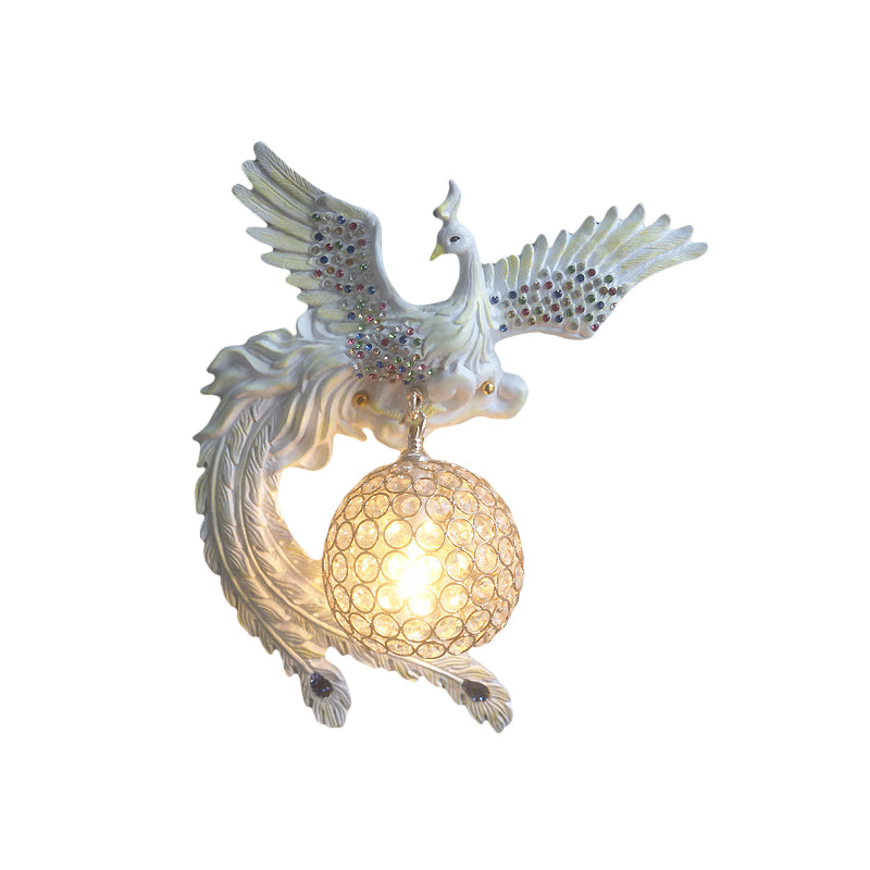 Orb Metal and Crystal Wall Lamp Antique 1 Light Living Room Sconce Light with White/Gold/Blue Phoenix toward Right/Left