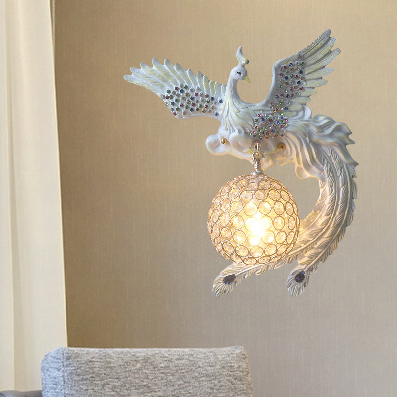 Orb Metal and Crystal Wall Lamp Antique 1 Light Living Room Sconce Light with White/Gold/Blue Phoenix toward Right/Left