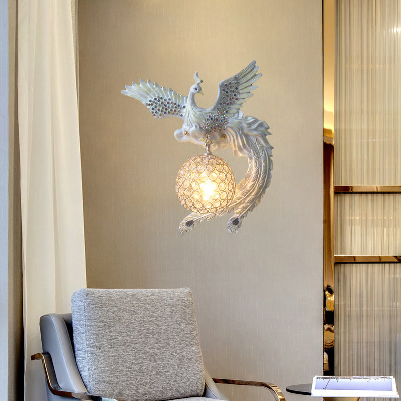Orb Metal and Crystal Wall Lamp Antique 1 Light Living Room Sconce Light with White/Gold/Blue Phoenix toward Right/Left