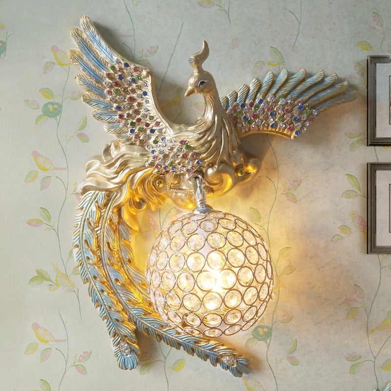 Orb Metal and Crystal Wall Lamp Antique 1 Light Living Room Sconce Light with White/Gold/Blue Phoenix toward Right/Left