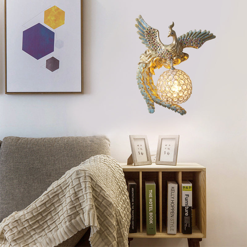 Orb Metal and Crystal Wall Lamp Antique 1 Light Living Room Sconce Light with White/Gold/Blue Phoenix toward Right/Left