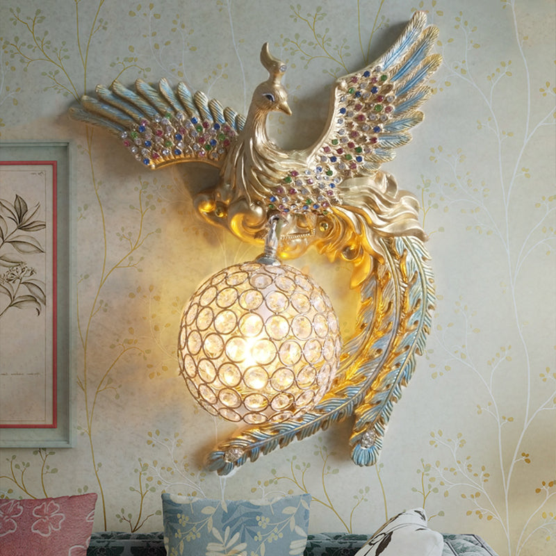 Orb Metal and Crystal Wall Lamp Antique 1 Light Living Room Sconce Light with White/Gold/Blue Phoenix toward Right/Left