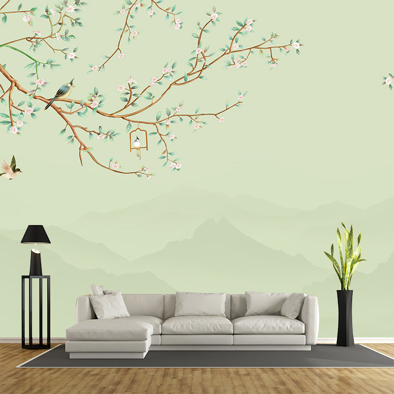 Big Flower and Bird Mural in Pastel Green Non-Woven Fabric Wall Art for Home Decor, Custom-Made