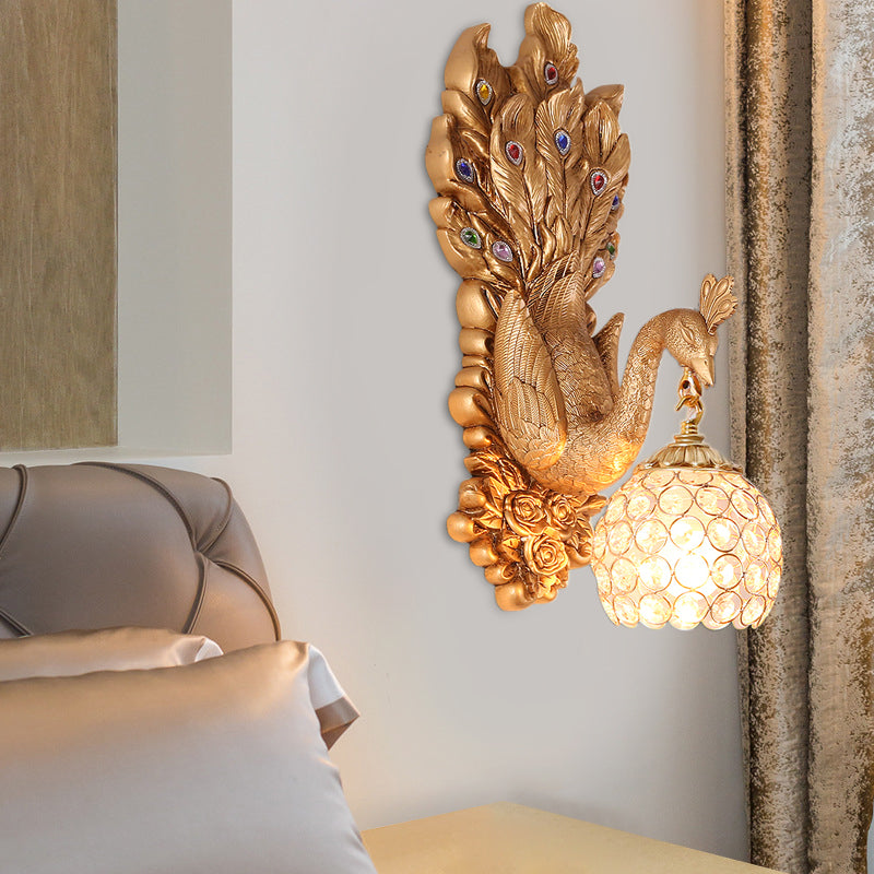 Dome Crystal Wall Mounted Light Antique 1 Light Bedroom Sconce Lamp with Blue/Gold/White Peacock Backplate