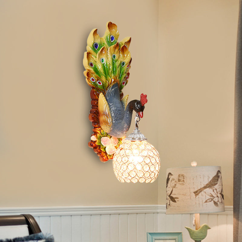Dome Crystal Wall Mounted Light Antique 1 Light Bedroom Sconce Lamp with Blue/Gold/White Peacock Backplate