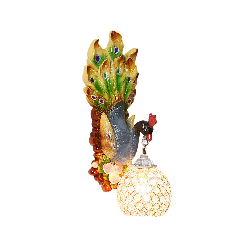 Dome Crystal Wall Mounted Light Antique 1 Light Bedroom Sconce Lamp with Blue/Gold/White Peacock Backplate