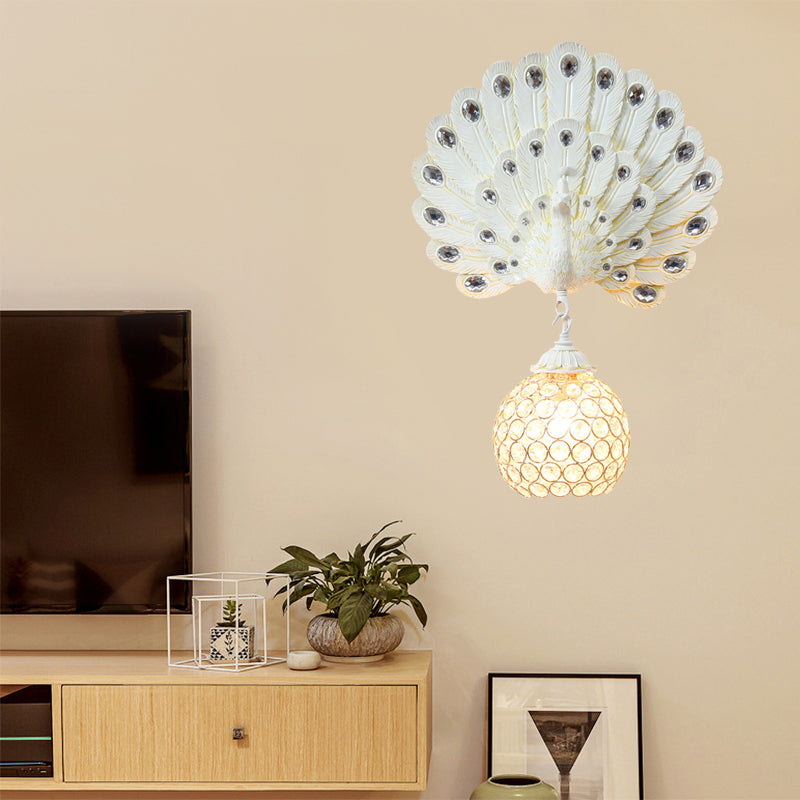 Crystal Globe Sconce Light Fixture Traditional 1 Light Bedroom Wall Mounted Light with Blue/Gold/White Peacock Backplate