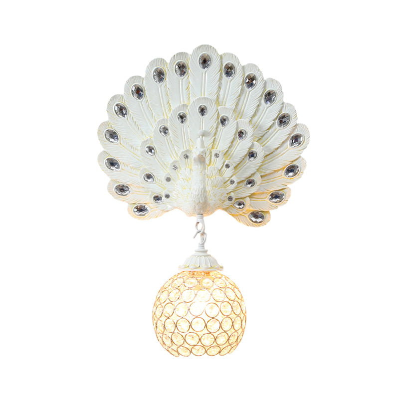 Crystal Globe Sconce Light Fixture Traditional 1 Light Bedroom Wall Mounted Light with Blue/Gold/White Peacock Backplate