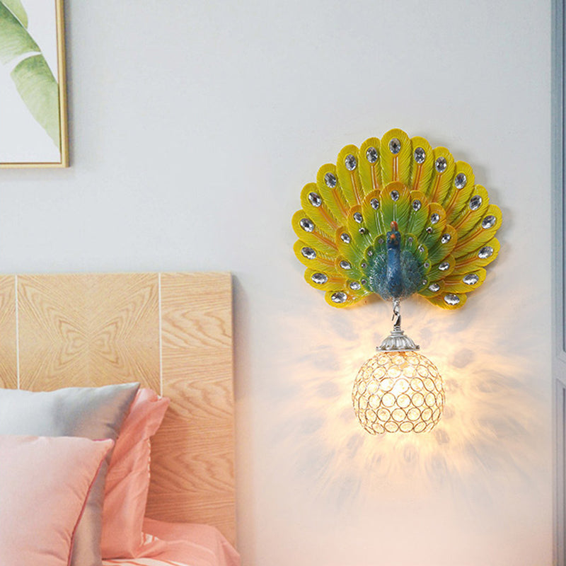 Crystal Globe Sconce Light Fixture Traditional 1 Light Bedroom Wall Mounted Light with Blue/Gold/White Peacock Backplate