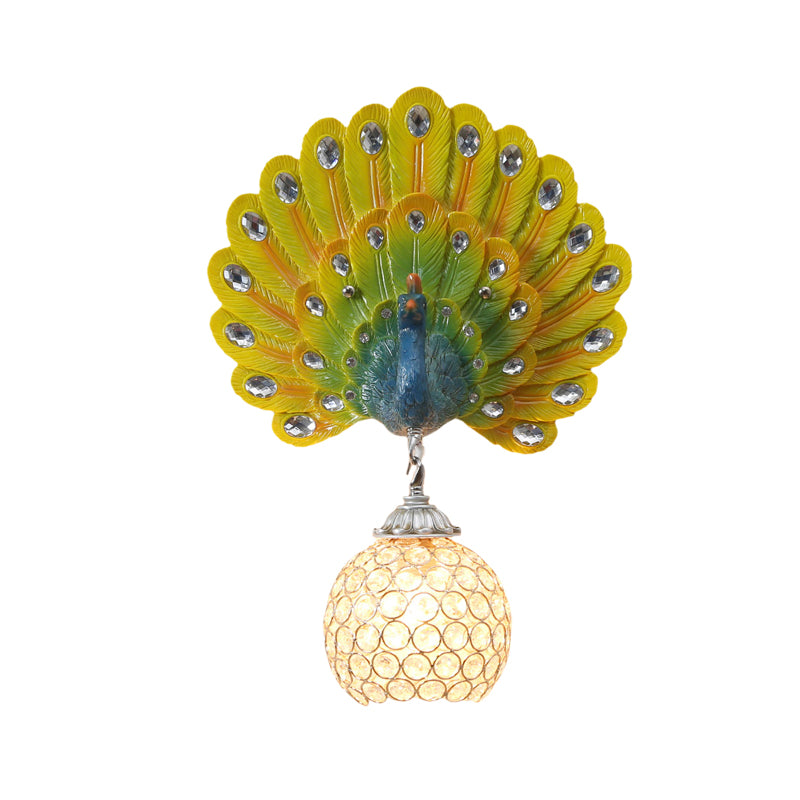Crystal Globe Sconce Light Fixture Traditional 1 Light Bedroom Wall Mounted Light with Blue/Gold/White Peacock Backplate