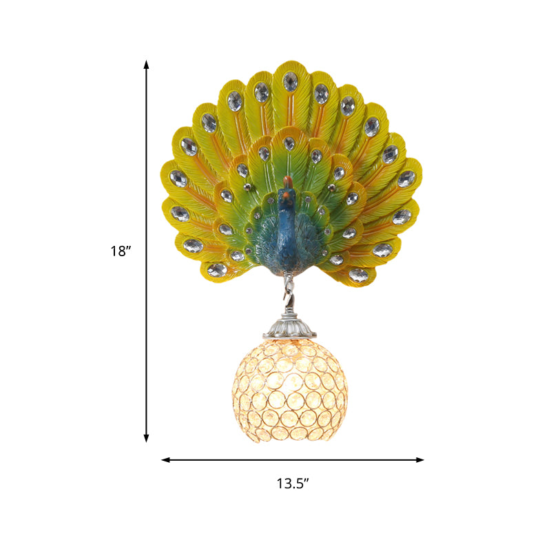 Crystal Globe Sconce Light Fixture Traditional 1 Light Bedroom Wall Mounted Light with Blue/Gold/White Peacock Backplate