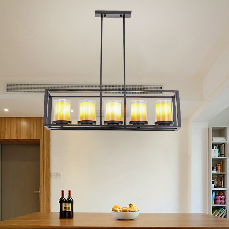 Cylinder Dining Room Pendant Light Vintage Glass 3/5/6 Lights Island Lighting with Black Frame