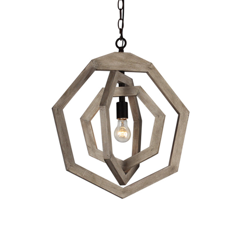 1 Light Pendant Lamp with Heptagon Grey/White/Beige Wood Frame Industrial Hallway Hanging Lamp Kit