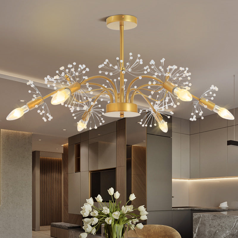 Curved Arm Metal Chandelier Light Traditional 6 Lights Living Room Hanging Lamp with Clear/Cream Crystal Accent