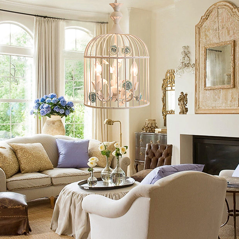 3 Lights Chandelier Light Rustic Birdcage Metal Hanging Ceiling Light with Blue/Pink Flower Decoration
