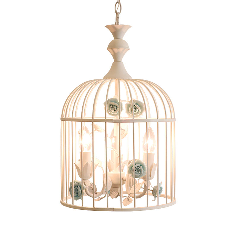 3 Lights Chandelier Light Rustic Birdcage Metal Hanging Ceiling Light with Blue/Pink Flower Decoration