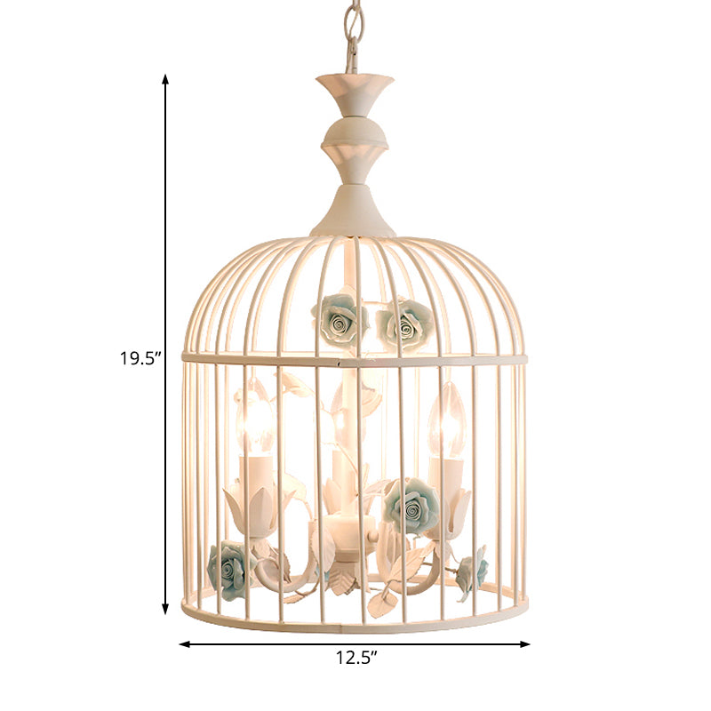 3 Lights Chandelier Light Rustic Birdcage Metal Hanging Ceiling Light with Blue/Pink Flower Decoration