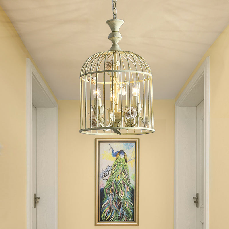 Birdcage Metal Hanging Light Fixture Rustic 3/5 Lights Corridor Chandelier Light with White Flower, 12.5"/16" Wide