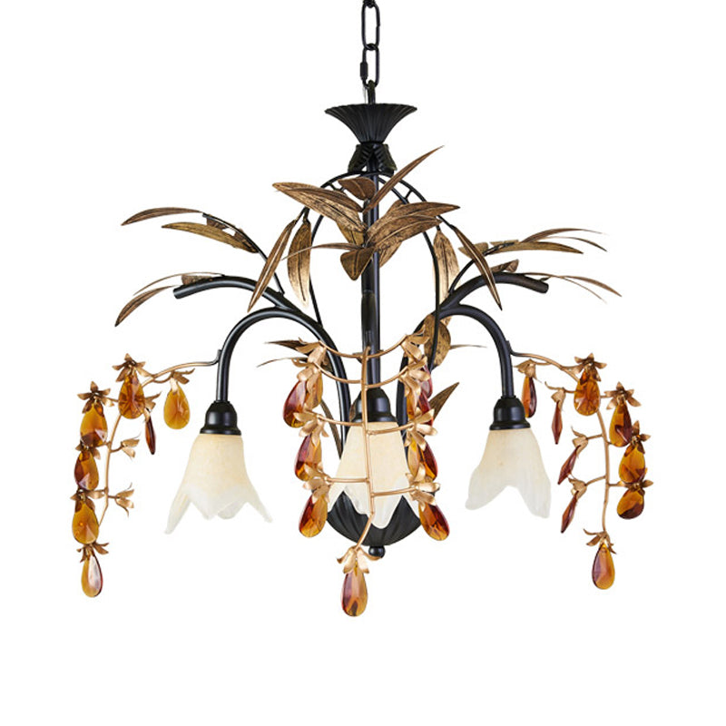 Floral Shape White Glass Chandelier Light Rustic 3 Lights Dining Room Hanging Light with Black/White Arm