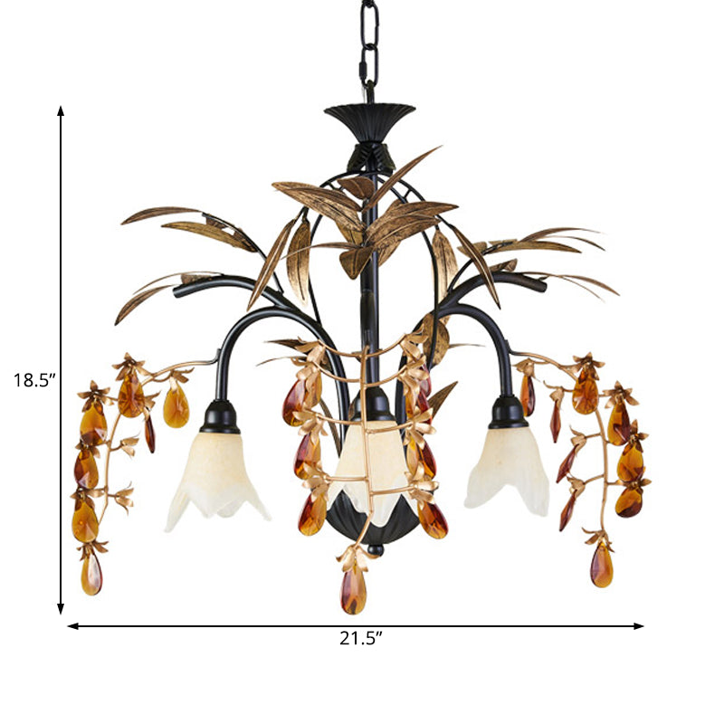 Floral Shape White Glass Chandelier Light Rustic 3 Lights Dining Room Hanging Light with Black/White Arm