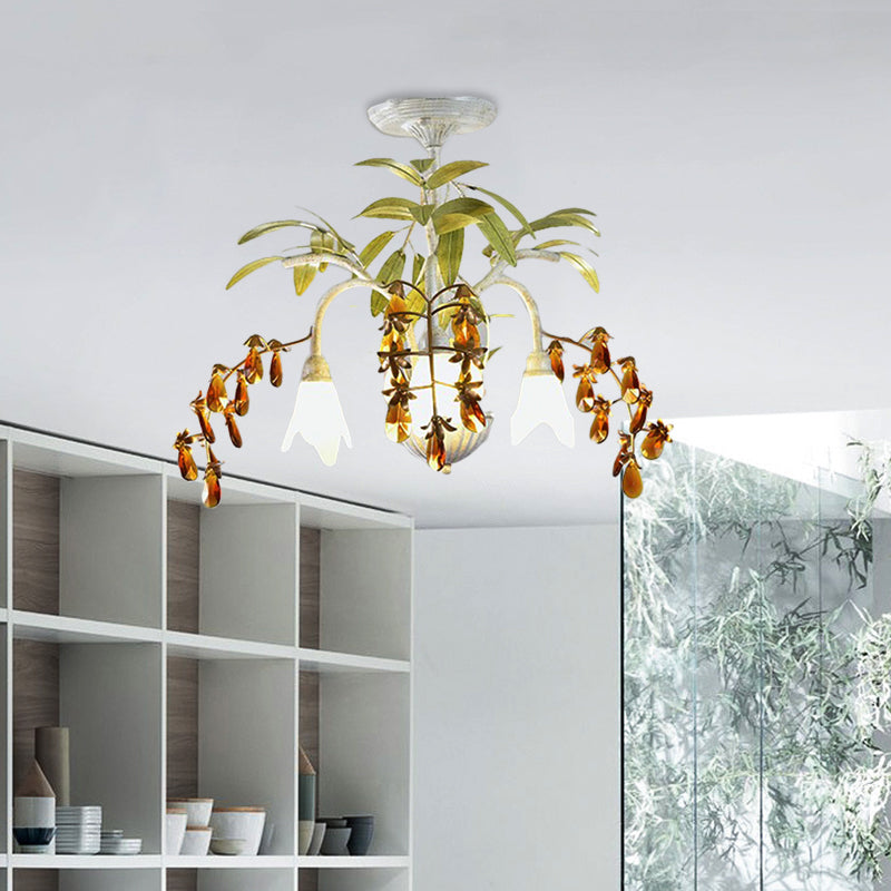 Lumière de lustre de fleurs rustiques 3/6 lumières blanches Verre-lumière suspendus avec décoration en cristal ambre