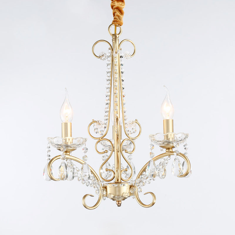 Candle Metal and Crystal Ceiling Light Traditional 3/6 Lights Living Room Chandelier Light with Gold Curve Arm