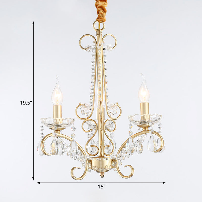 Candle Metal and Crystal Ceiling Light Traditional 3/6 Lights Living Room Chandelier Light with Gold Curve Arm