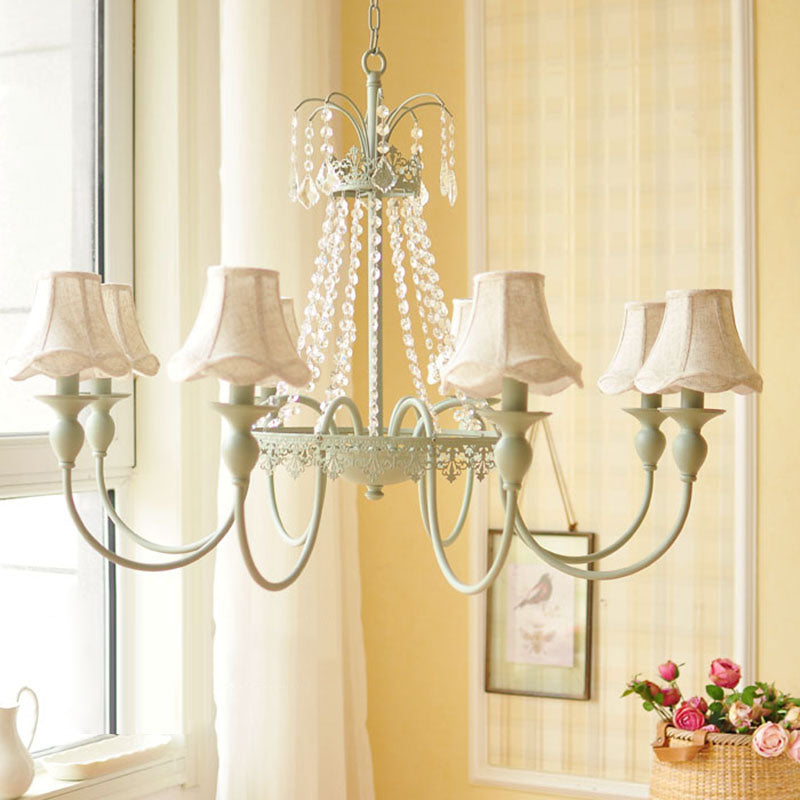 Scalloped Living Room Hanging Light Traditional Fabric 6/8 Lights Green Pendant Light Fixture