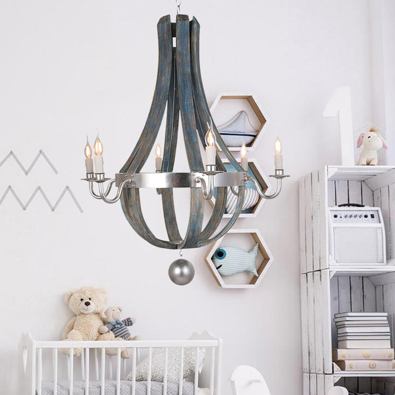 6 Lights Empire Shape Chandelier Lamp Traditional Blue/White Wood Hanging Light Fixture