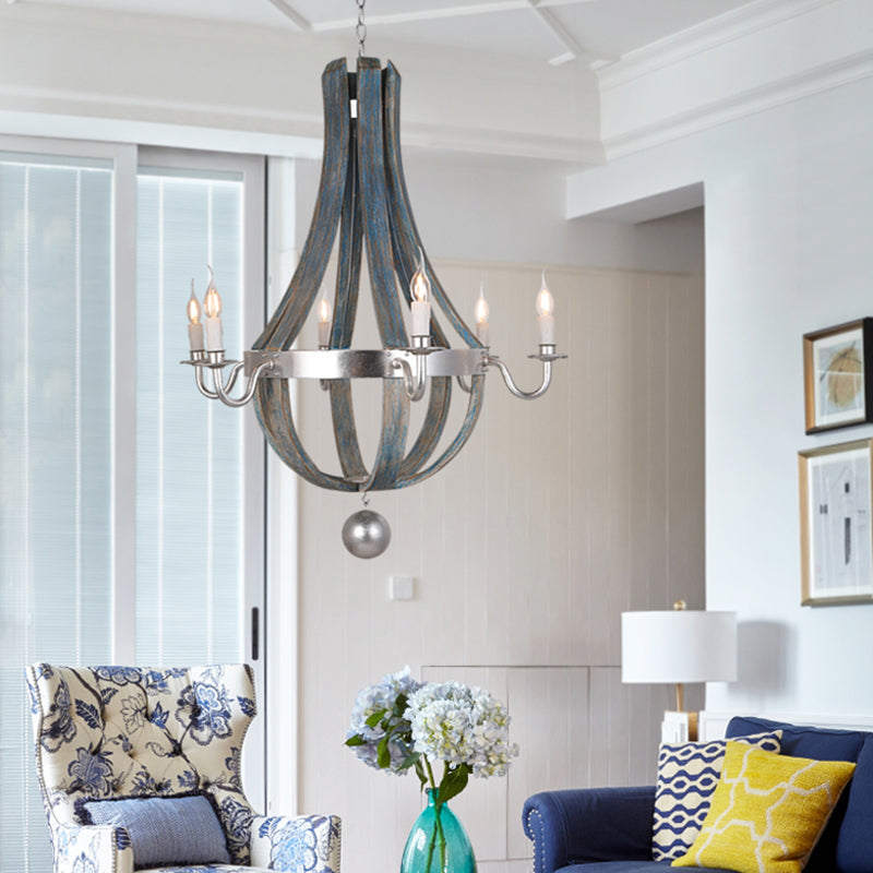 6 Lights Empire Shape Chandelier Lamp Traditional Blue/White Wood Hanging Light Fixture