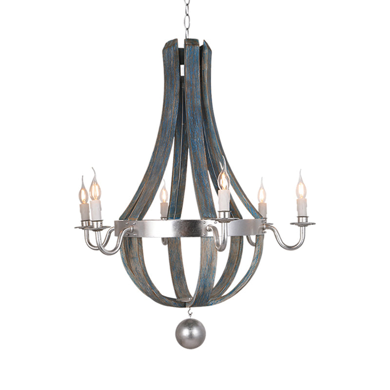 6 Lights Empire Shape Chandelier Lamp Traditional Blue/White Wood Hanging Light Fixture