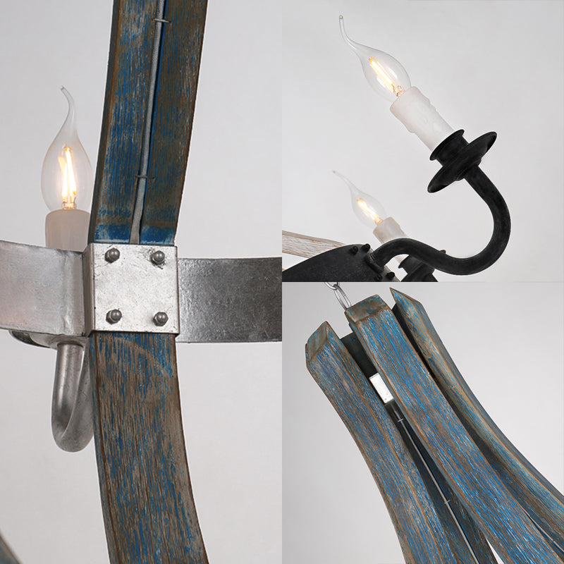 6 Lights Empire Shape Chandelier Lamp Traditional Blue/White Wood Hanging Light Fixture