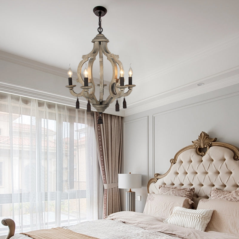 5 Lights Wood Ceiling Light Traditional Dark Wood/Wood/White Lantern Bedroom Chandelier Light