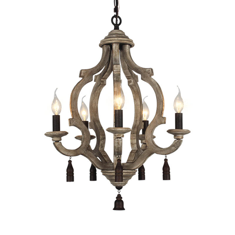 5 Lights Wood Ceiling Light Traditional Dark Wood/Wood/White Lantern Bedroom Chandelier Light