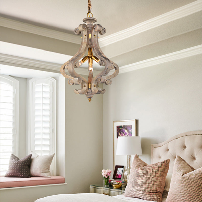 4 Lights Beige/White Chandelier Lamp Traditional Wood Lantern Bedroom Hanging Ceiling Light