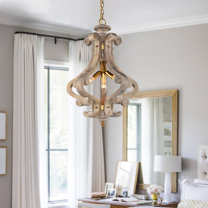4 Lights Beige/White Chandelier Lamp Traditional Wood Lantern Bedroom Hanging Ceiling Light