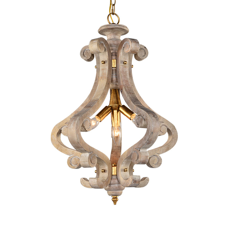 4 Lights Beige/White Chandelier Lamp Traditional Wood Lantern Bedroom Hanging Ceiling Light